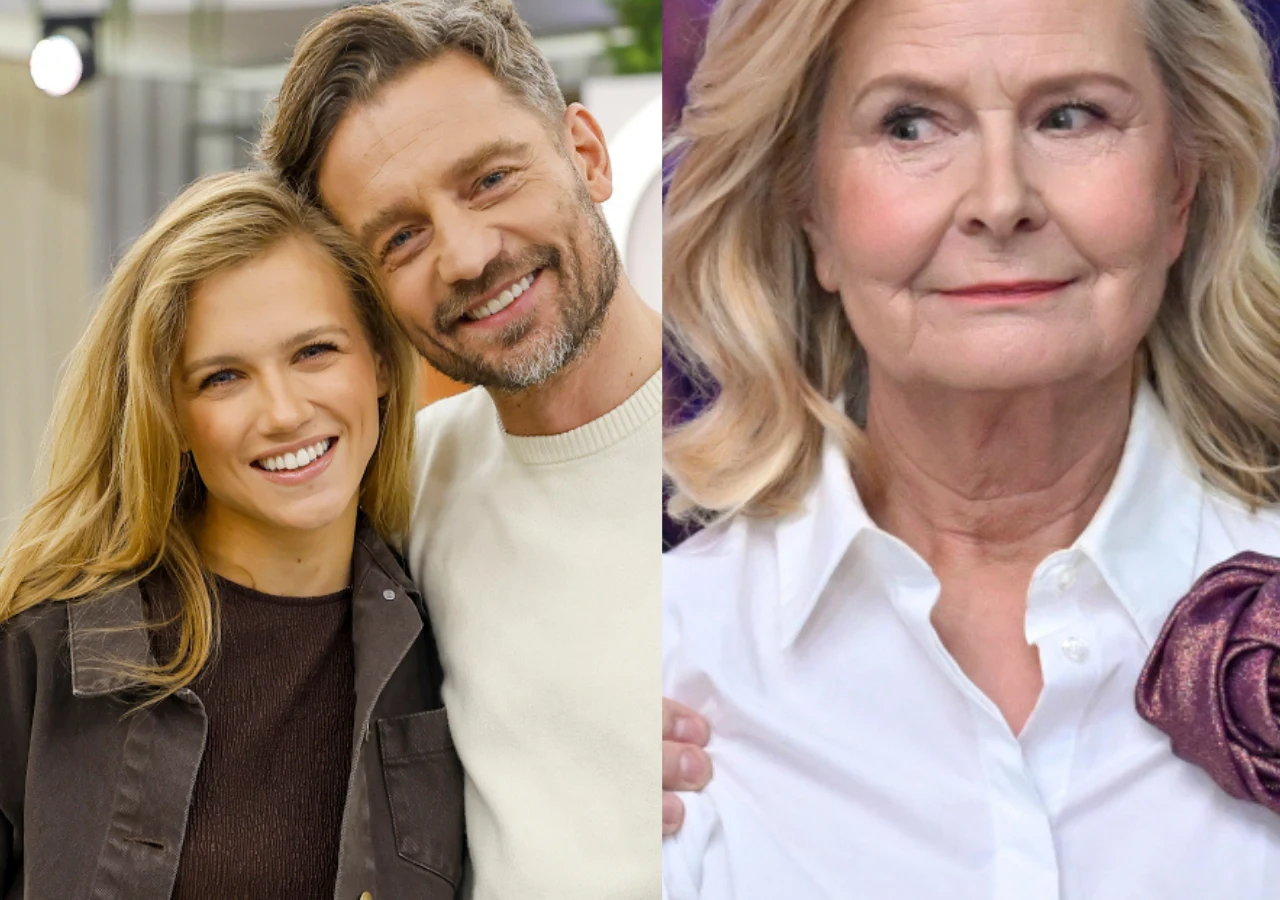 Dwie dorosłe osoby, mężczyzna z brodą i kobieta o jasnych włosach, uśmiechają się i pozują razem, natomiast obok widoczna jest starsza kobieta z jasnymi włosami ubrana w białą koszulę, spoglądająca w bok z lekkim uśmiechem.