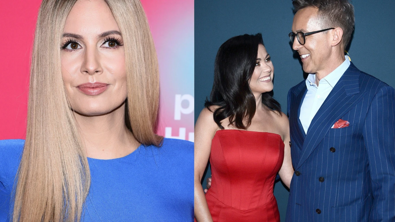 Agnieszka Hyży, Katarzyna Cichopek i Maciej Kurzajewski Po lewej stronie kobieta o długich blond włosach w niebieskiej sukience na tle różowo-niebieskiej ścianki, po prawej stronie uśmiechnięta para – kobieta w czerwonej sukni i mężczyzna w ciemnogranatowym garniturze z czerwoną poszetką, patrzący na siebie...