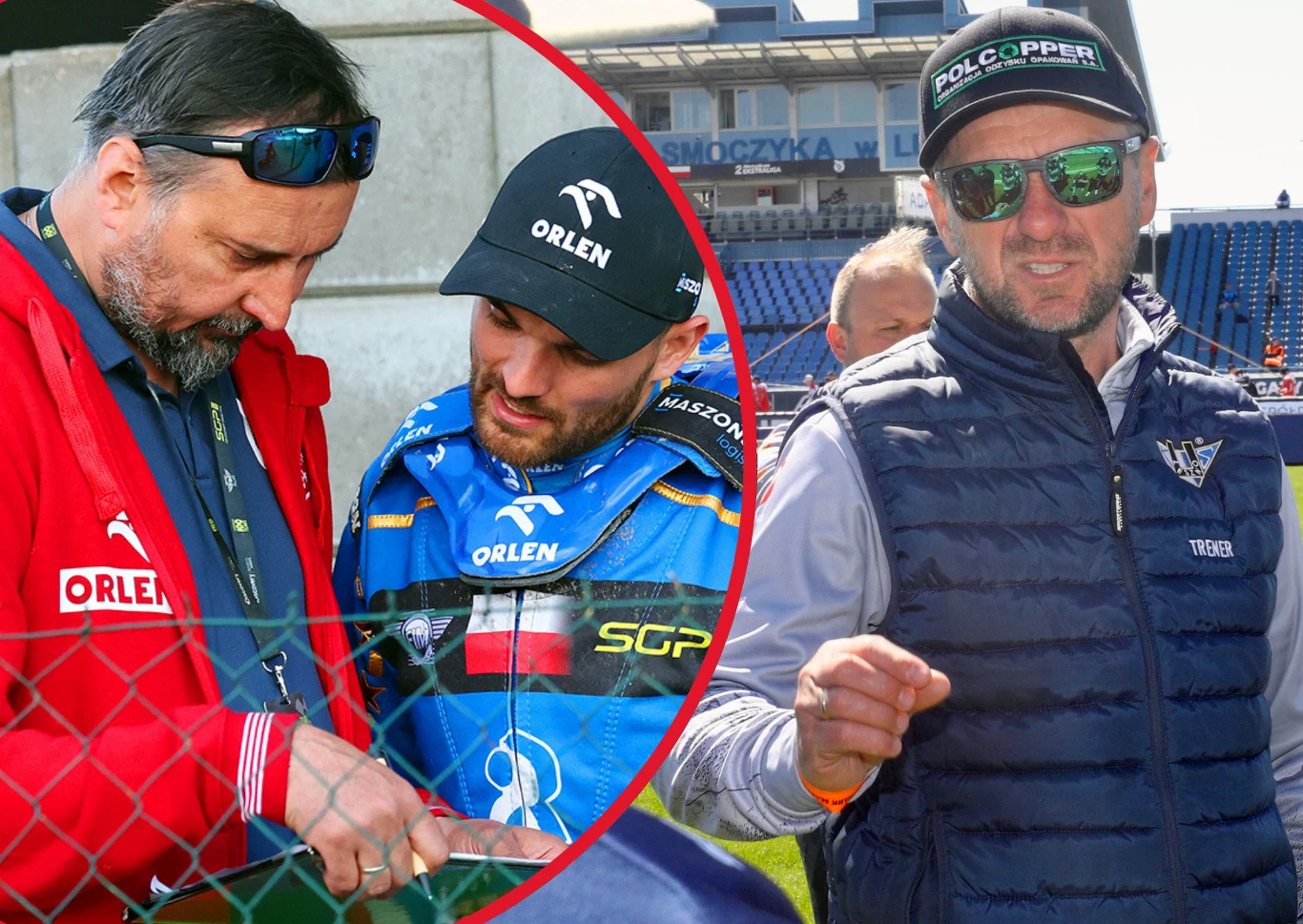 Dwóch mężczyzn w ubraniach sportowych i czapkach z logo sponsorów prowadzi rozmowę przy ogrodzeniu, obok kolejny mężczyzna w słonecznych okularach oraz kamizelce, wokół stadion z widownią w tle.