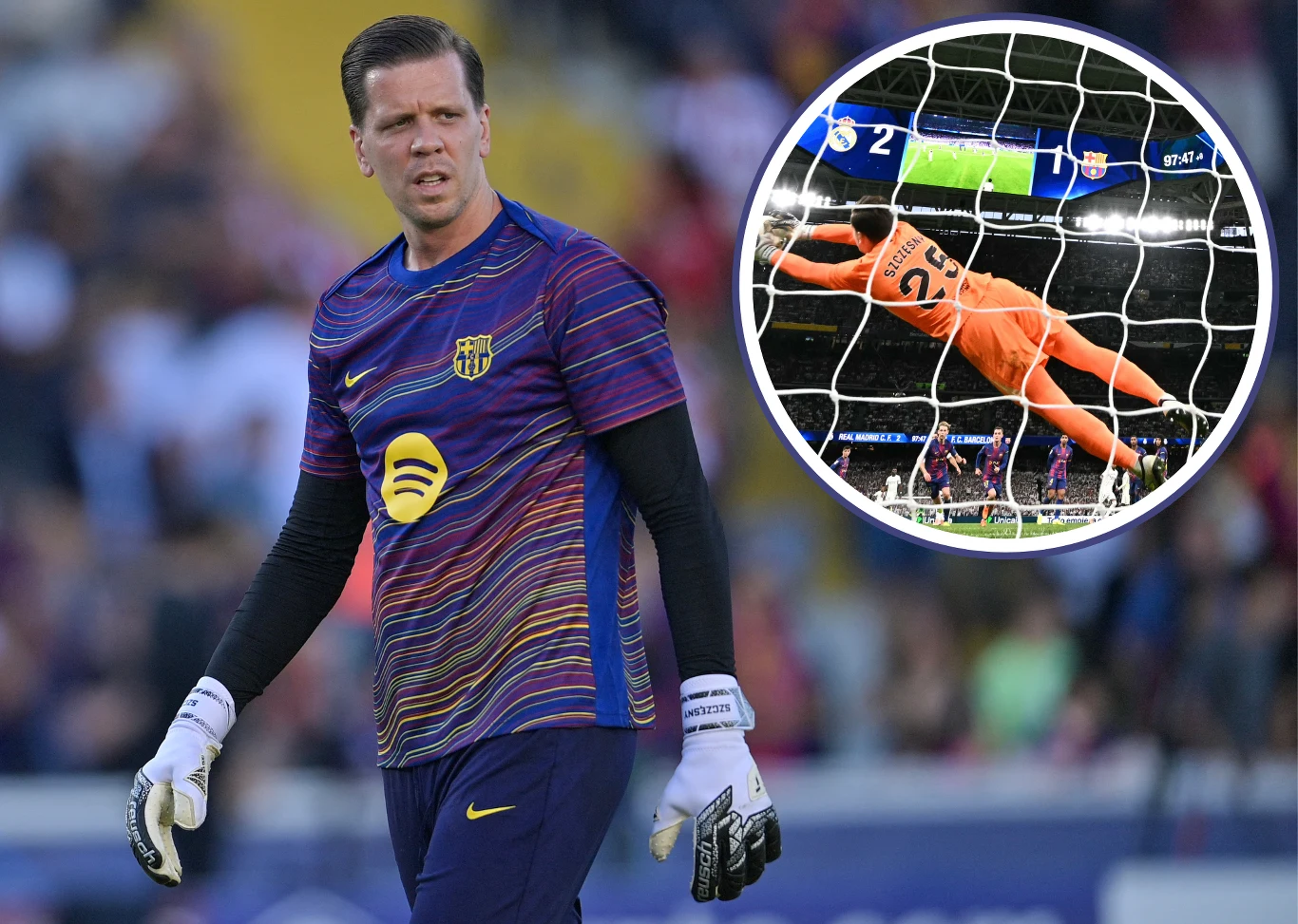 Piłkarz w stroju bramkarza na boisku podczas meczu piłki nożnej, w tle rozmyte trybuny. W prawym górnym rogu kolaż z innym ujęciem – bramkarz w pomarańczowym stroju wyskakujący do obrony piłki zmierzającej do bramki.