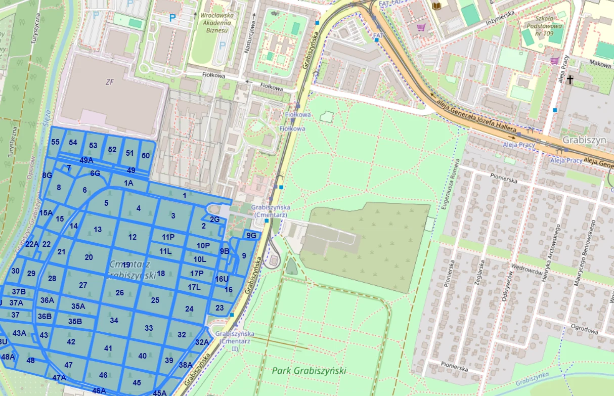 W sieci można znaleźć sporo lokalnych baz pochówków, jak np. w przypadku Wrocławia. Są także wyszukiwarki ogólnopolskie. Fragment mapy miasta z wyraźnie zaznaczonymi, ponumerowanymi sektorami w niebieskim kolorze, układ ulic, Park Grabisiński oraz zabudowania osiedli mieszkaniowych.