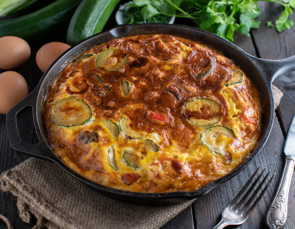 Zapiekanka jajeczna z kawałkami cukinii i papryki w żeliwnej patelni, widoczne świeże jajka i warzywa w tle, całość ustawiona na lnianej serwetce z widelcem i nożem po prawej stronie.