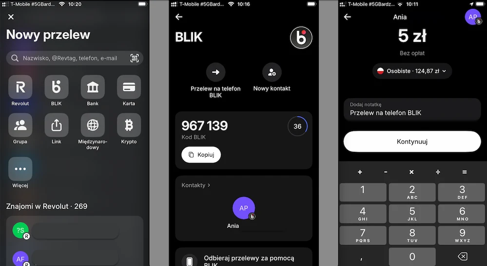 Revolut - przelewy na telefon BLIK Interfejs aplikacji bankowej z widokiem nowego przelewu, wyborem odbiorcy, kodem BLIK oraz ekranem zatwierdzania przelewu na kwotę 5 zł do kontaktu o imieniu Ania.