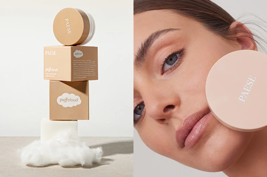 Kosmetyki marki Paese, w tym puder Puff Cloud, zaprezentowane na tle białej chmurki z waty. Po prawej stronie zbliżenie twarzy kobiety przykładającej opakowanie pudru do policzka.
