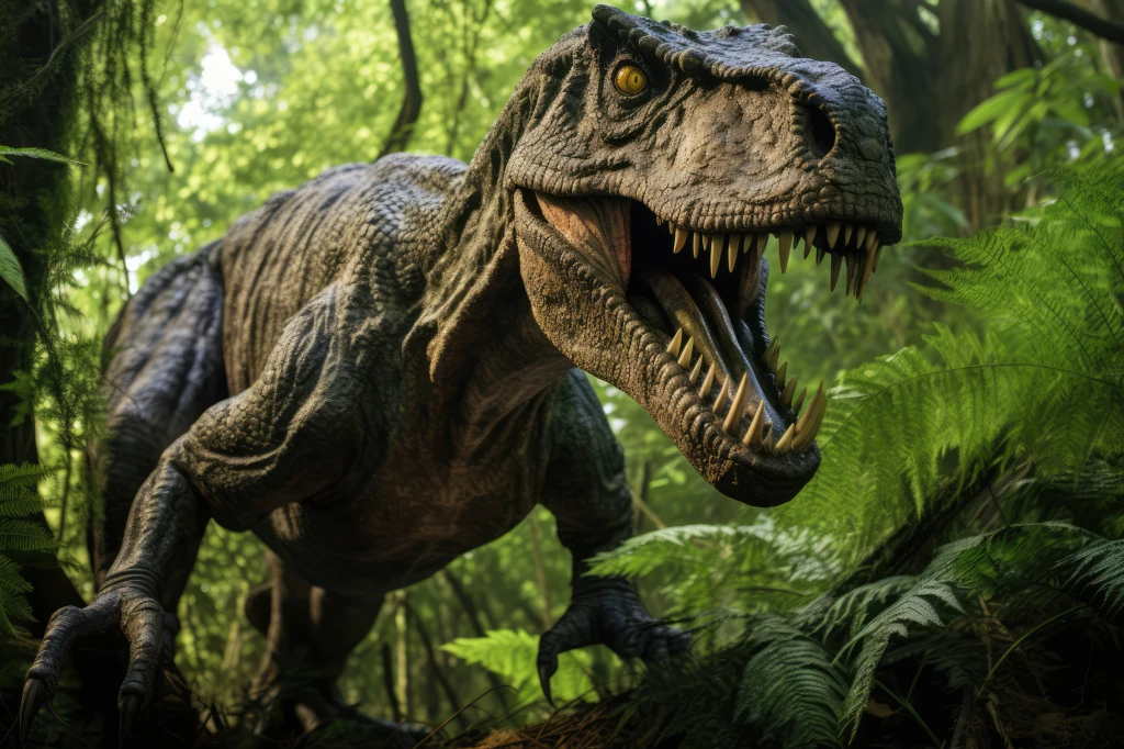Groźnie wyglądający dinozaur z otwartą paszczą i ostrymi zębami pośród gęstej, tropikalnej roślinności, w tle widoczne zielone paprocie i wysokie drzewa.