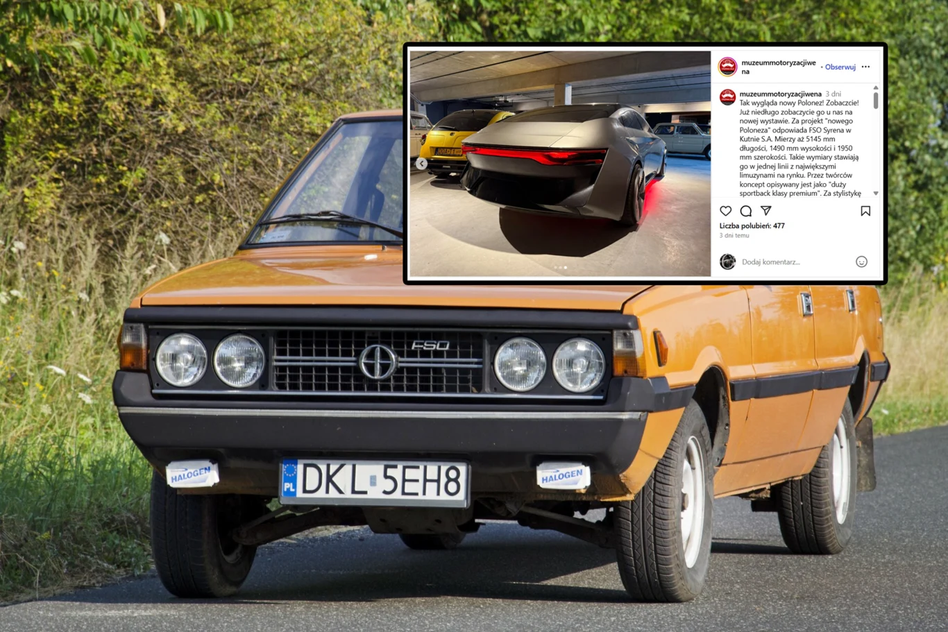 Nowy Polonez powrócił jako elektryk | Screen: Muzeum Motoryzacji Wena. Stary, żółto-brązowy samochód FSO Polonez stoi na drodze wśród zieleni, a w górnym rogu znajduje się wstawka ze zdjęcia na Instagramie z futurystycznym konceptem samochodu prezentowanym w nowoczesnym wnętrzu.