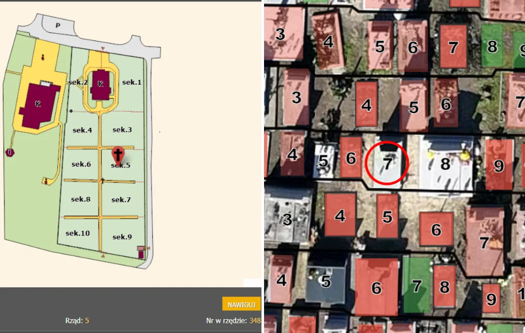 Wyszukiwarki osób pochowanych niekiedy pozwalają nawet na skorzystanie z mapki i opcji "nawiguj", by jeszcze łatwiej dotrzeć do poszukiwanego grobu. Porównanie dwuczłonowej mapy – po lewej plan miejscowy terenu z wyznaczonymi sekcjami i rzędami, po prawej widok satelitarny działek oznaczonych numerami, z jedną zaznaczoną na czerwono.