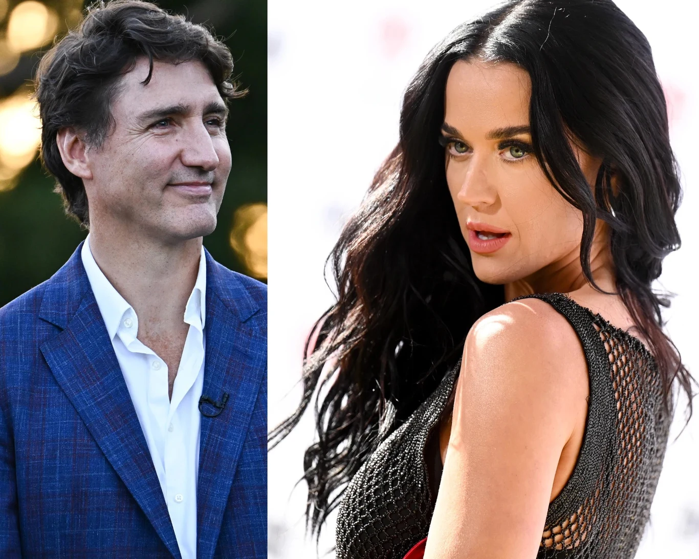 Katy Perry i Justin Trudeau już się nie kryją Portrety dwóch osób ustawionych obok siebie, mężczyzna w niebieskiej marynarce na tle naturalnego światła i kobieta z ciemnymi włosami, ubrana w czarną, siatkowaną kreację, z intensywnym spojrzeniem skierowanym w bok.