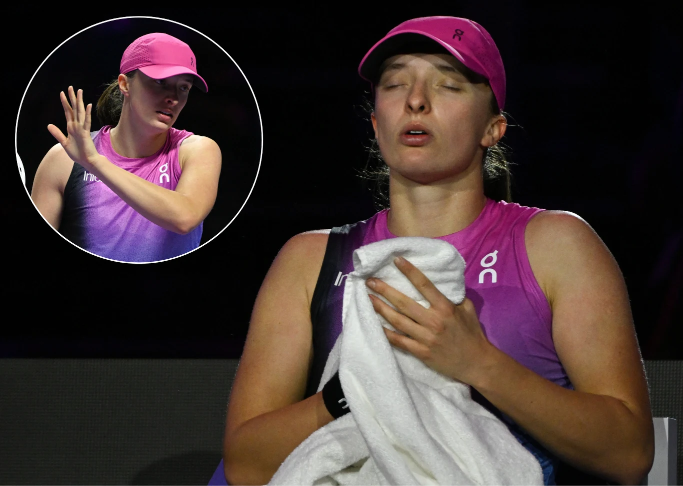 Tenisistka w sportowym stroju i czapce z daszkiem siedzi z zamkniętymi oczami, trzymając ręcznik przy twarzy, sprawiając wrażenie zmęczenia lub skupienia po wymagającym meczu, w rogu zdjęcia znajduje się zbliżenie tej samej osoby w sportowej pozie z un...