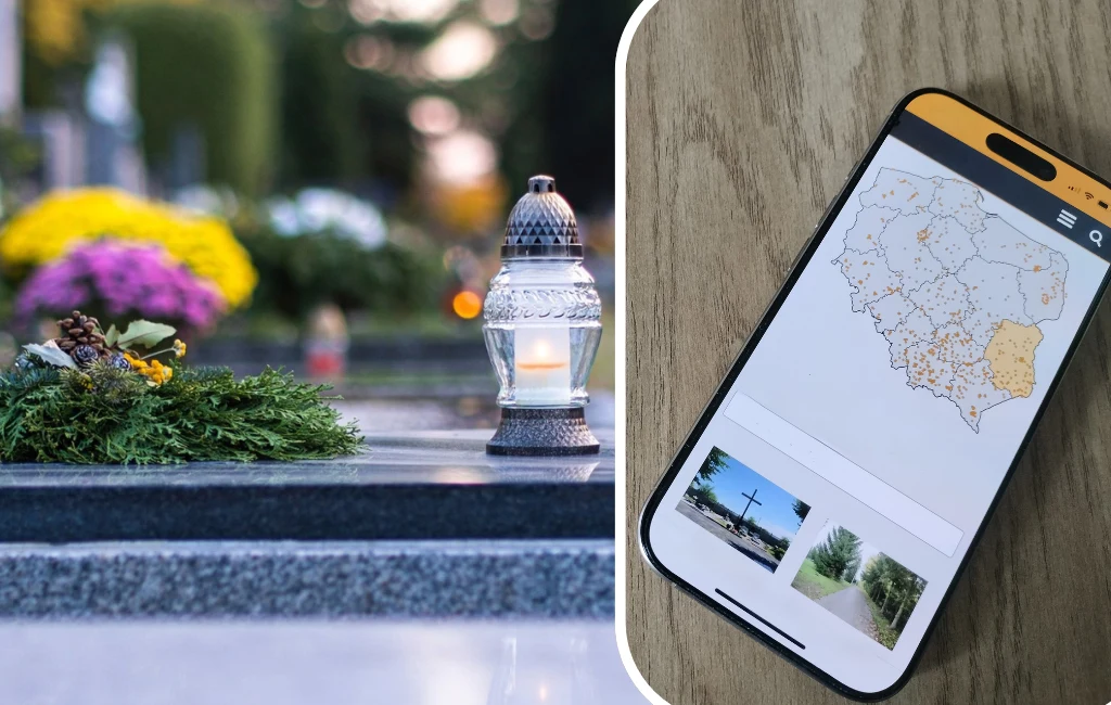Początek listopada to czas wspominania zmarłych. Co zrobić, gdy nie pamiętamy, jak się dostać do grobów naszych bliskich? Pomogą specjalne wyszukiwarki. Zapalone znicze oraz dekoracja nagrobkowa na grobie w otoczeniu kolorowych kwiatów, obok smartfon z uruchomioną aplikacją wyświetlającą mapę Polski oraz zdjęcia grobów i cmentarzy.