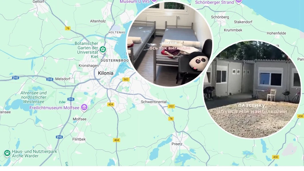 Ukrainka pokazała mieszkanie socjalne w Niemczech Mapa północnych Niemiec z widocznym miastem Kilonia oraz powiększeniami przedstawiającymi wnętrze pokoju z łóżkiem, biurkiem i pluszowym misiem oraz zewnętrzny widok kontenerowego budynku mieszkalnego.