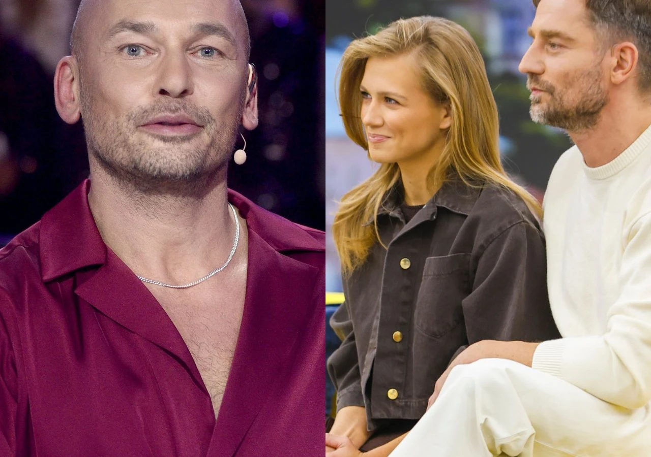 Tomasz Wygoda, Agnieszka Kaczorowska, Marcin Rogacewicz Po lewej stronie Tomasz Wygoda w bordowej koszuli i z mikrofonem przy twarzy, po prawej Agnieszka Kaczorowska z blond włosami oraz Marcin Rogacewicz w jasnym swetrze siedzą blisko siebie, spoglądając w jednym kierunku.