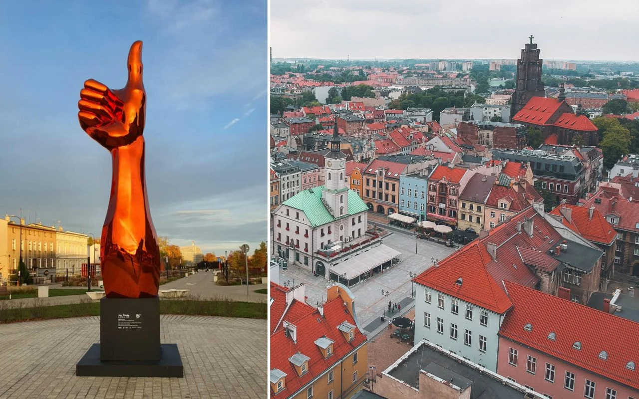 Fontanna, lustro i gigantyczny "kciuk" - słuszne inwestycje, czy strata pieniędzy publicznych? Po lewej stronie wysoka, błyszcząca rzeźba w kształcie ręki z kciukiem skierowanym do góry, stojąca na placu w miejskiej przestrzeni. Po prawej panorama miasta z widokiem na rynek, kolorowe kamienice i wieżę kościelną w tle.