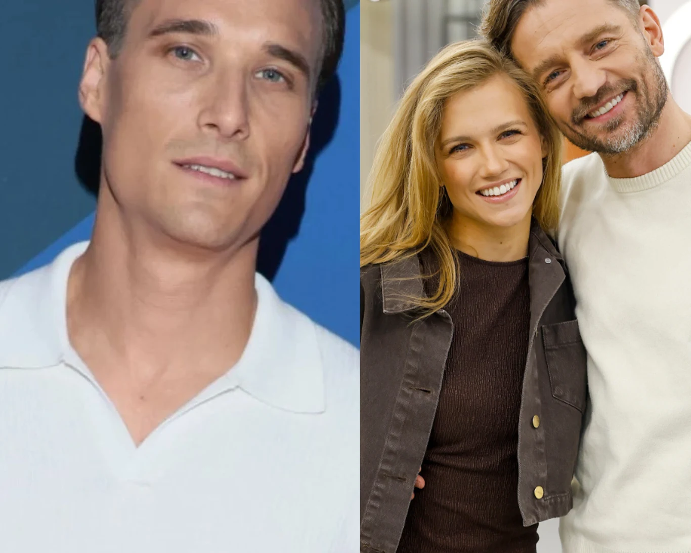 Maurycy Popiel o odpadnięciu Kaczorowskiej i Rogacewicz Po lewej stronie zbliżenie młodego mężczyzny w białej koszulce, po prawej uśmiechnięta para obejmujących się osób, mężczyzna i kobieta w casualowych ubraniach, stojących razem w jasnym otoczeniu.