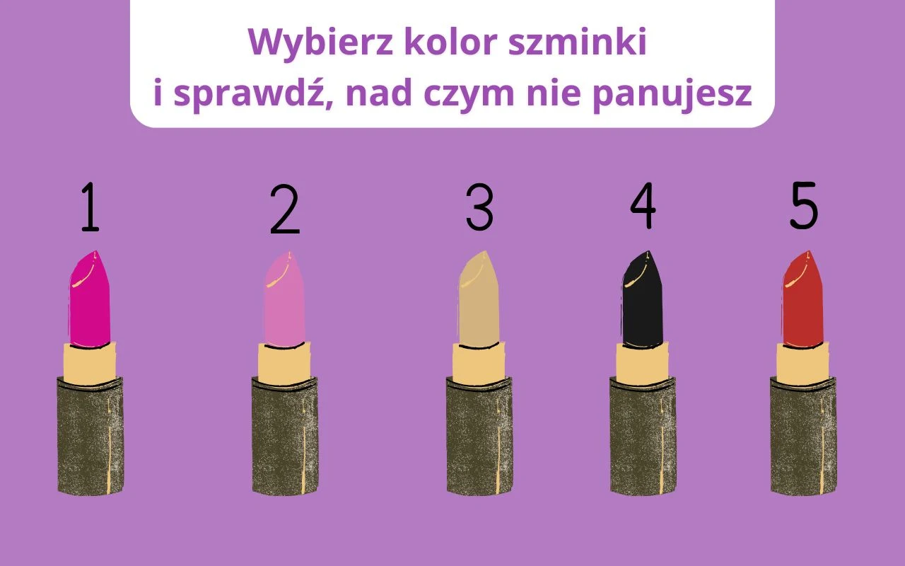 Jakiego koloru szminki najczęściej używasz? Wybór wiele o tobie mówi Pięć szminek w różnych kolorach ułożonych w jednym rzędzie na fioletowym tle, każda oznaczona numerem od 1 do 5, u góry widoczny napis z instrukcją zachęcającą do wyboru koloru.