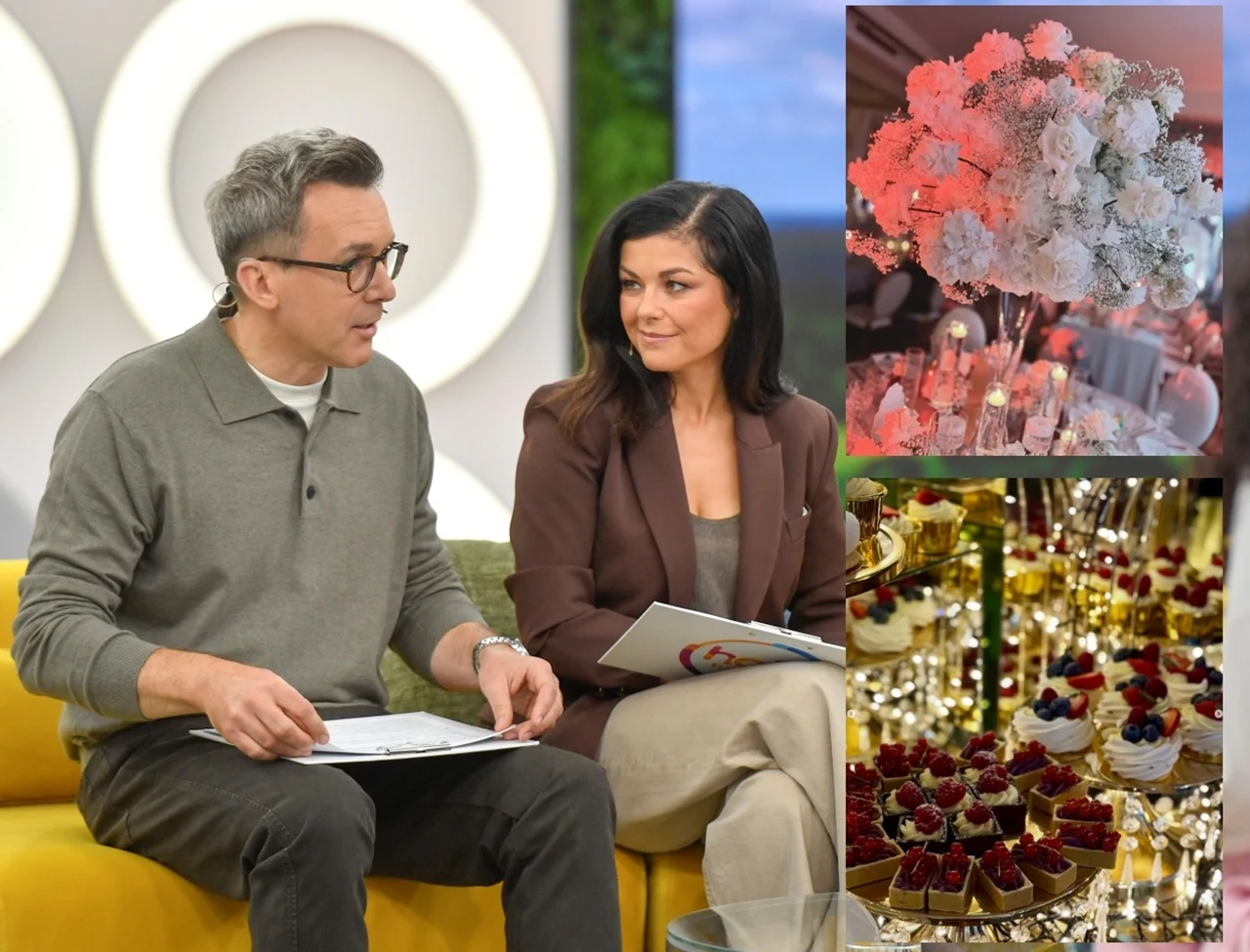 Ania Lewandowska ujawniła kulisy wesela Kasi Cichopek i Maćka Kurzajewskiego Para osób rozmawiająca na żółtej sofie w studiu telewizyjnym; kobieta z ciemnymi włosami ubrana elegancko, mężczyzna w okularach z notatkami w rękach. Obok kompozycje zdjęciowe: biały bukiet kwiatów, dekoracyjna zastawa stołowa z deserami i owocami, el...