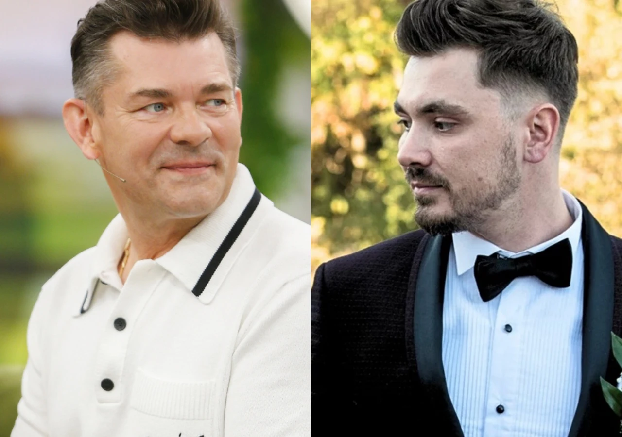 Zenek Martyniuk, Daniel Martyniuk Po lewej stronie mężczyzna w jasnej koszulce z kołnierzem patrzący w bok, po prawej stronie mężczyzna w smokingowej marynarce z muchą, z lekko zarostem, również patrzący w bok, za nim rozmyte tło z elementami roślinności.