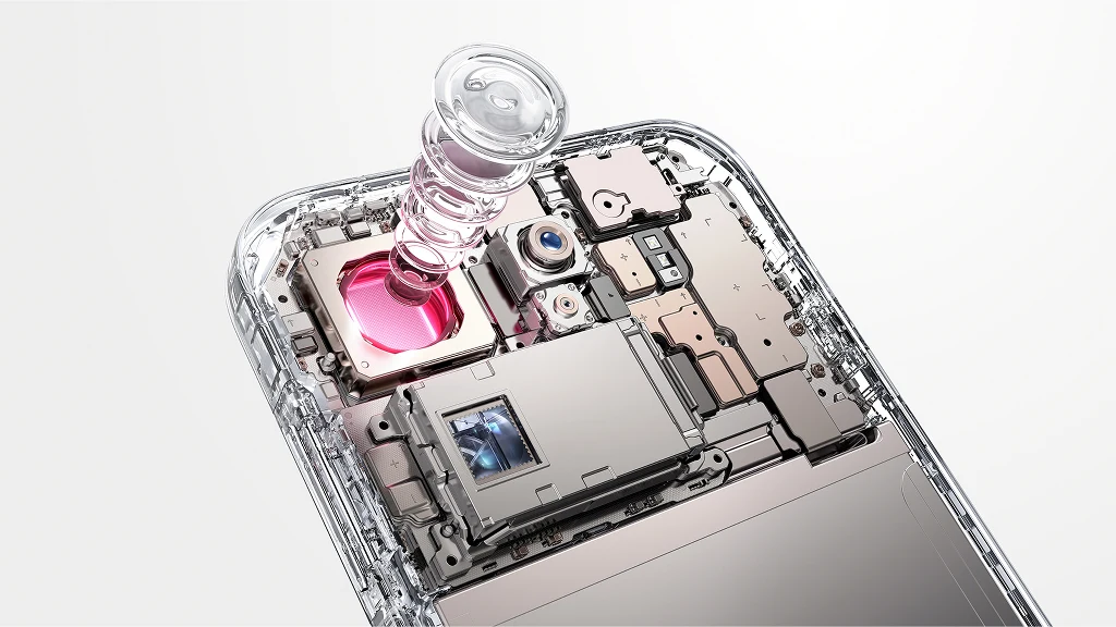 Serię OPPO Find X (z tym razem w X9 i X9 Pro) po raz kolejny wyróżnia aparat fotograficzny.  Przekrój przez smartfona pokazujący szczegółową budowę modułu aparatu fotograficznego, z widoczną soczewką, matrycą oraz elementami elektroniki wewnętrznej urządzenia.