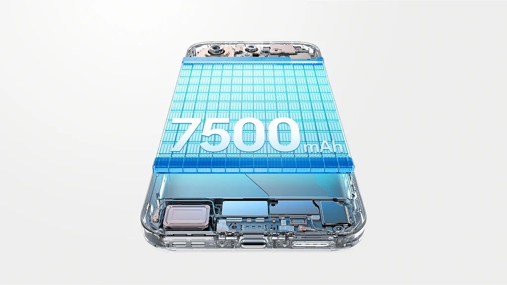 Bateria w OPPO Find X9 Pro ma 7500 mAh.  Przezroczysty widok smartfona ujawnia wnętrze urządzenia oraz dużą baterię o pojemności 7500 mAh, zaznaczoną graficznie i opisową wartością na akumulatorze.