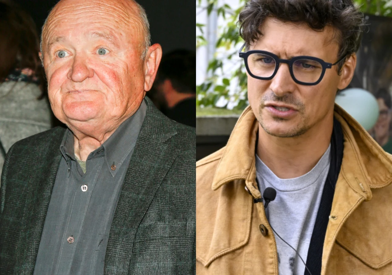 Maciej Damięcki, Mateusz Damięcki Dwóch mężczyzn widocznych na podzielonym na pół zdjęciu, starszy mężczyzna z łysą głową w eleganckiej marynarce po lewej stronie oraz młodszy mężczyzna w okularach i brązowej kurtce na tle zieleni po prawej stronie.