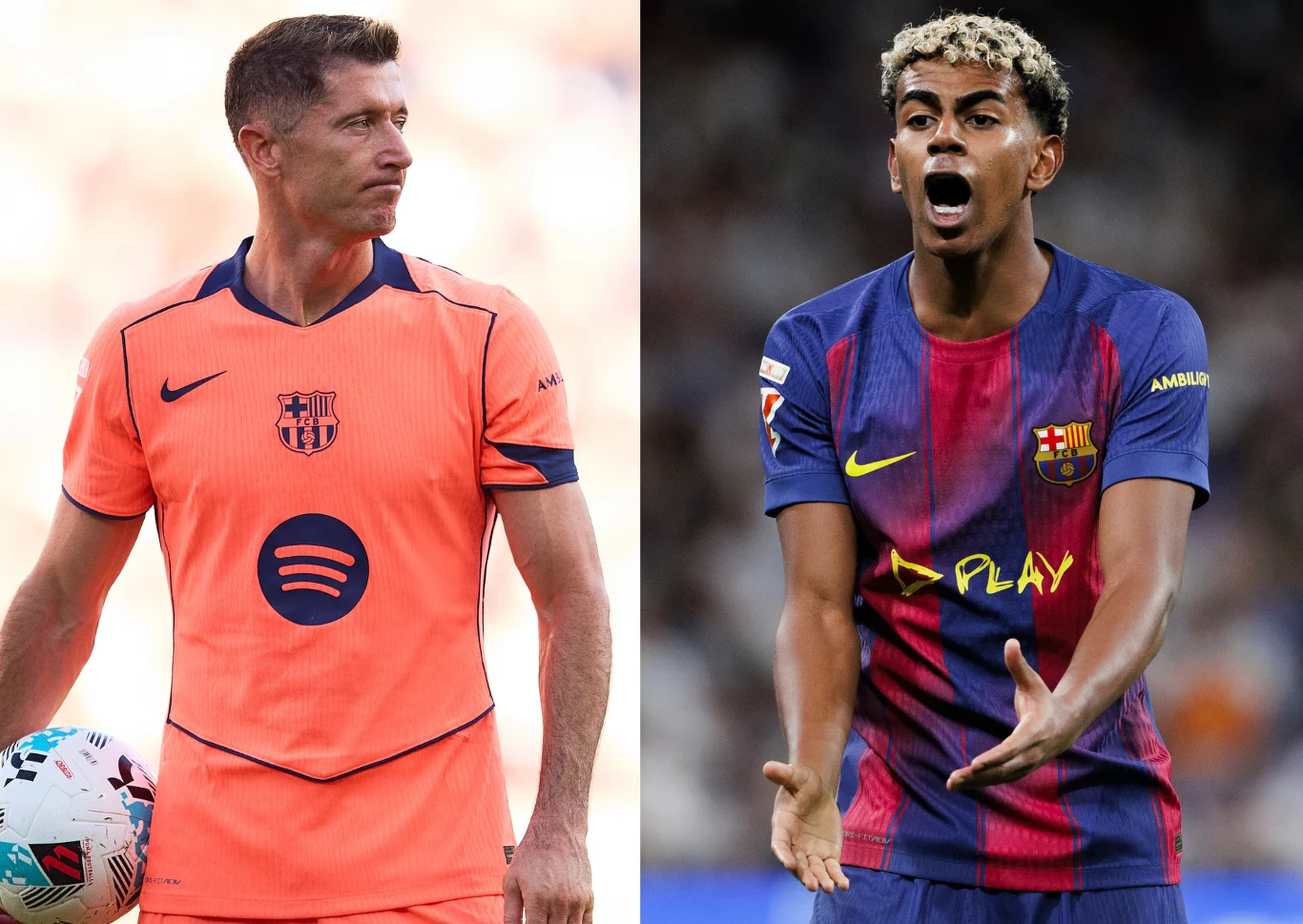 Robert Lewandowski i Lamine Yamal Po lewej stronie piłkarz w pomarańczowym stroju FC Barcelony z piłką pod pachą, po prawej piłkarz w bordowo-granatowym stroju tej samej drużyny, dynamicznie gestykulujący z wyrazem emocji na twarzy.
