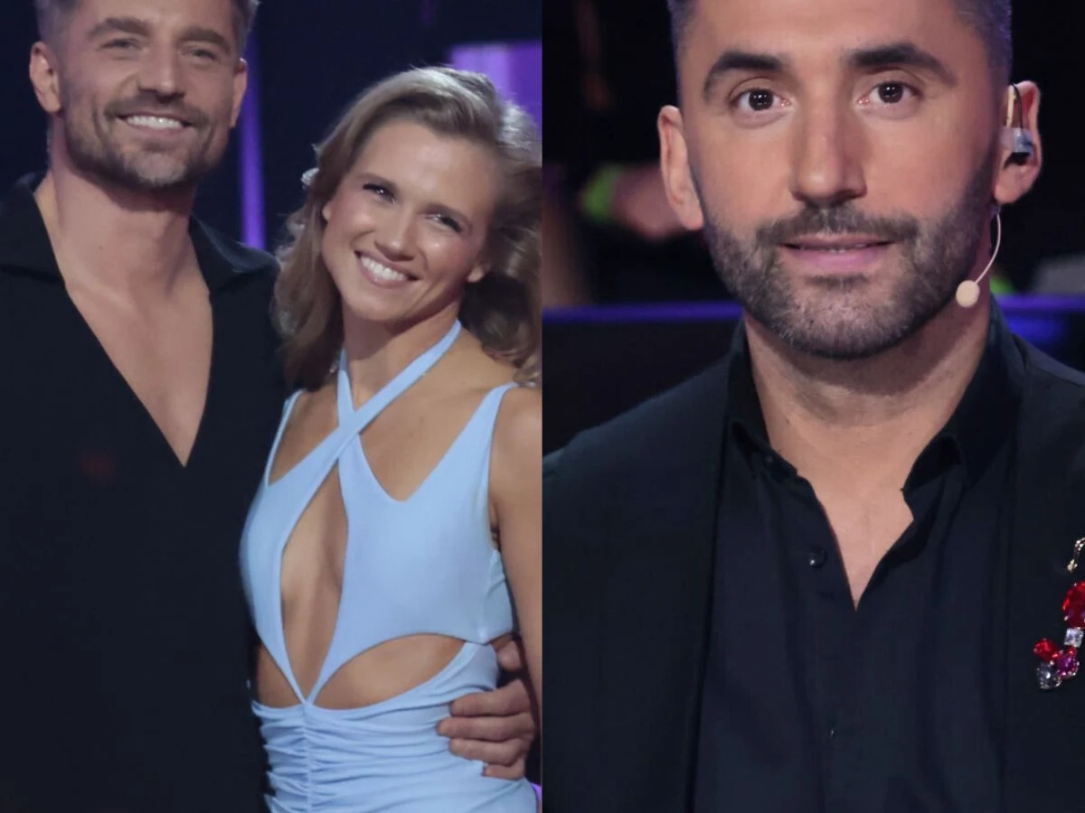 Marcin Rogacewicz, Agnieszka Kaczorowska i Rafał Maserak Po lewej stronie uśmiechnięta para pozująca razem, kobieta ubrana w jasnoniebieską sukienkę z wycięciami, mężczyzna ubrany na czarno; po prawej stronie mężczyzna w ciemnym ubraniu z mikrofonem na głowie, skupiony wzrok.