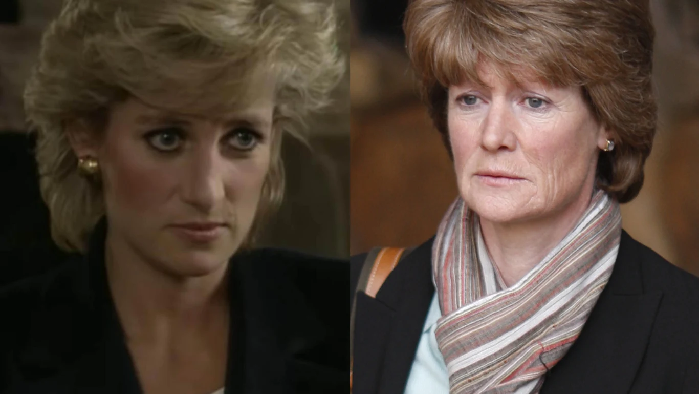 Księżna Diana i Lady Sarah McCorquodale. Dwa portrety kobiet obok siebie, każda patrzy lekko w bok, obie ubrane formalnie, z widocznym profesjonalizmem i powagą na twarzach.