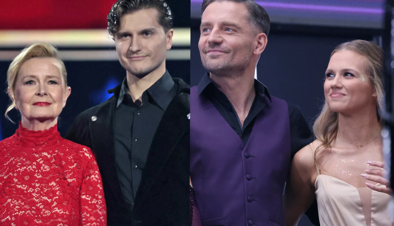 Bursztynowicz, Kassin, Rogacewicz i Kaczorowska Dwie pary stoją obok siebie w eleganckich strojach; kobieta w czerwonej koronkowej sukni obok mężczyzny w czarnym garniturze oraz mężczyzna w ciemnofioletowej kamizelce i czarnej koszuli z kobietą w jasnej, ozdobnej sukni.