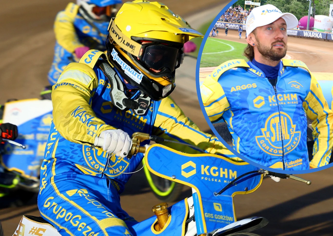 Zawodnik sportów motorowych w żółto-niebieskim kombinezonie podczas wyścigu żużlowego; charakterystyczne logo sponsora KGHM na motocyklu oraz kasku, a w kółku zbliżenie na tego samego zawodnika stojącego na stadionie.