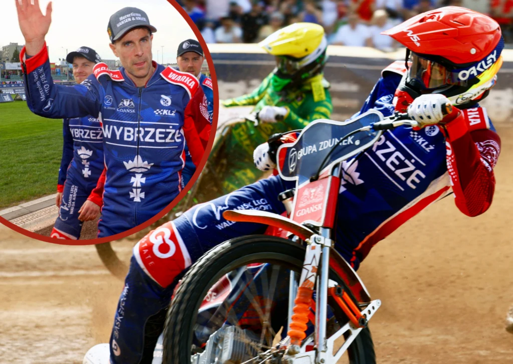 Niels Kristian Iversen rozstał się z Wybrzeżem, choć miał ofertę pozostania w klubie na 2026. Zawodnik żużlowy w niebiesko-czerwonym kombinezonie wyścigowym podczas dynamicznej jazdy po torze, w tle inni uczestnicy wyścigu ubrani w różne kolory, w lewym górnym rogu widoczny portret zawodnika machającego ręką na stadionie.