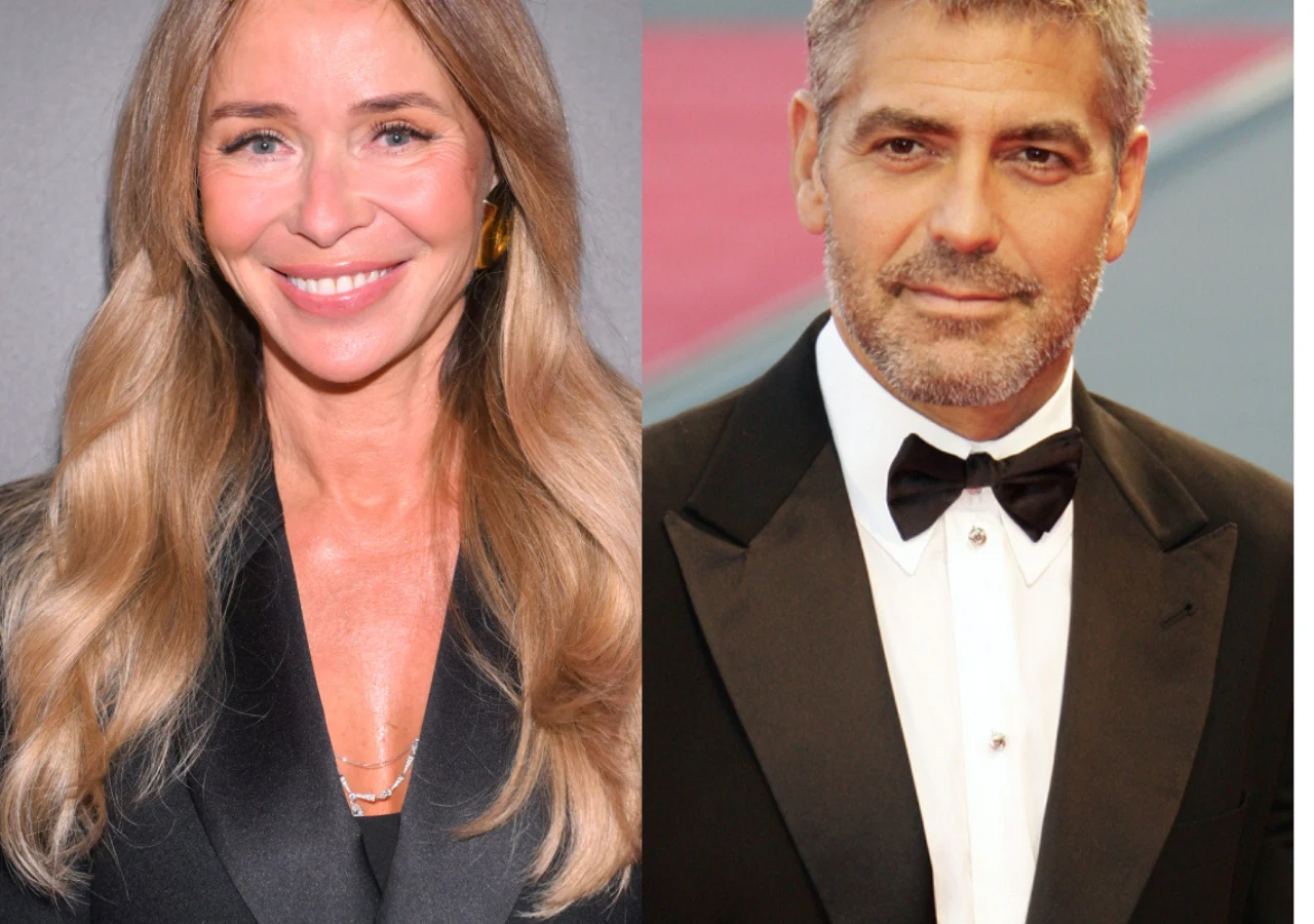 Joanna Przetakiewicz, George Clooney Dwie elegancko ubrane osoby, kobieta z długimi blond włosami w czarnej marynarce oraz mężczyzna z siwymi włosami i zarostem w smokingu z muchą, obie osoby uśmiechnięte.