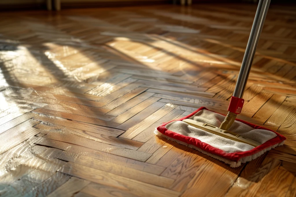 Mop z czerwonym obramowaniem czyści drewnianą podłogę, na której widać połysk oraz odbicia promieni słonecznych wpadających przez okno.