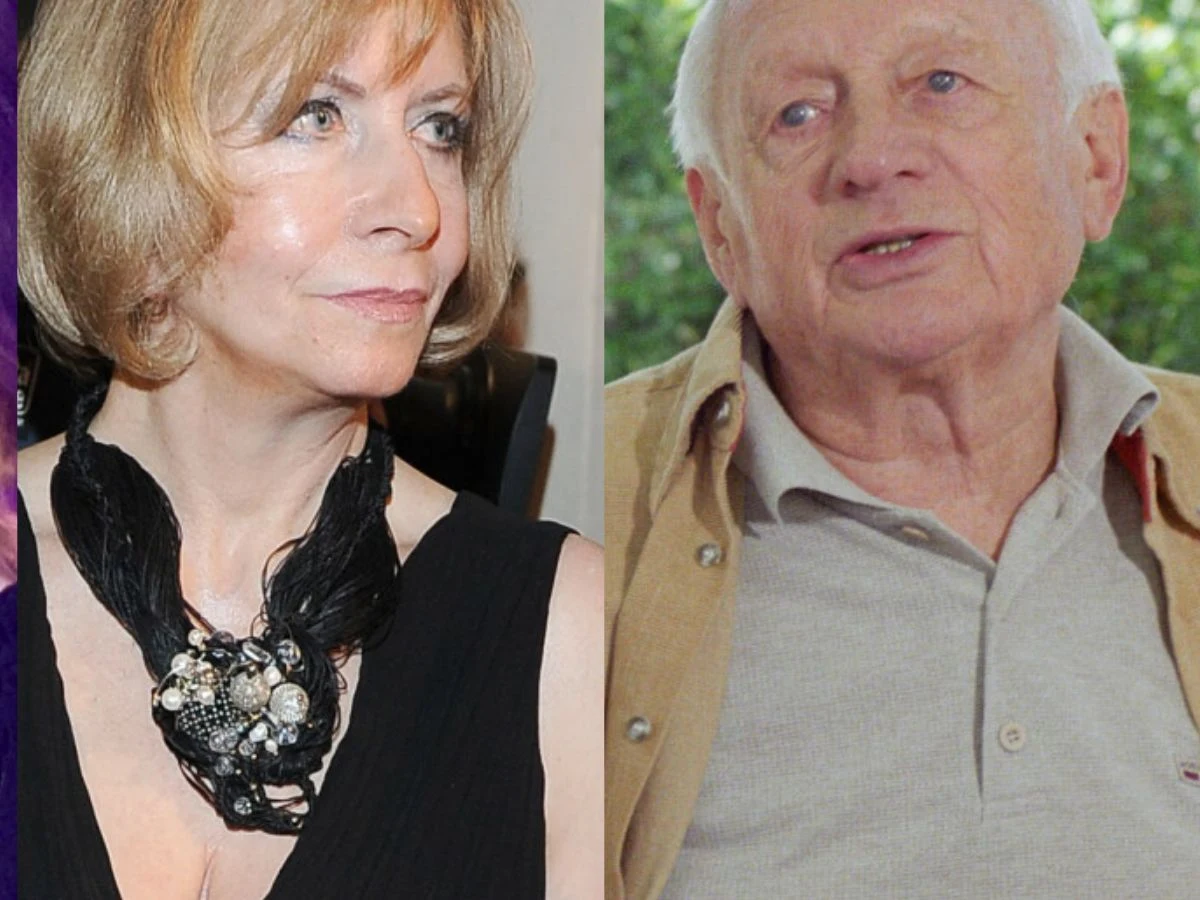 Krystyna Pyrkosz, Witold Pyrkosz Kobieta w ciemnej sukience i ozdobnym naszyjniku patrząca w bok oraz starszy mężczyzna w jasnej koszuli i beżowej marynarce siedzący w pomieszczeniu z zielonym tłem za oknem.