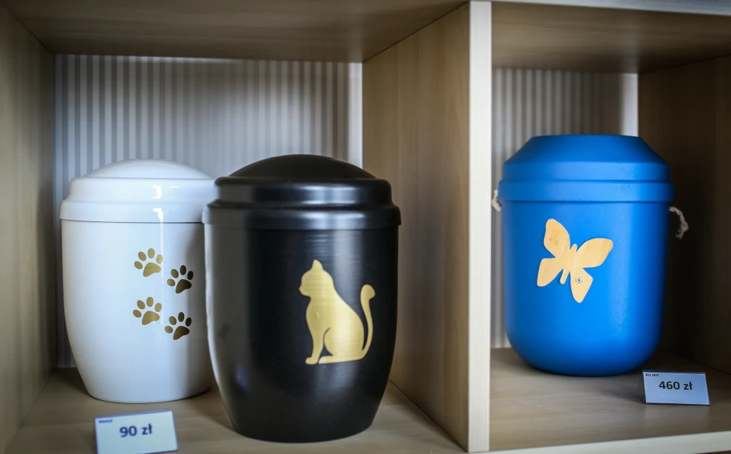 Urny na prochy pupila Trzy urny kremacyjne ustawione na półce. Biała urna ozdobiona złotymi łapkami, czarna urna ze złotym kotem oraz niebieska urna ze złotym motylem. Przy urnach widoczne są ceny.