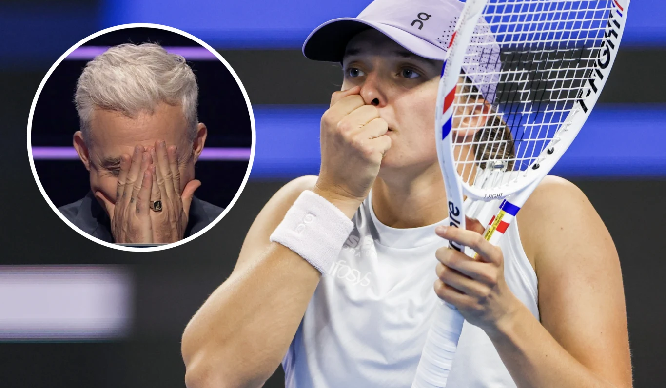 Uczestniczka "Milionerów" odpadła już w pierwszej rundzie gry po pytaniu o Igę Świątek i tenis Tenisistka w białym stroju zasłania usta ręką, trzymając rakietę. W rogu zdjęcia mężczyzna z siwymi włosami zakrywa twarz dłonią, wyrażając silne emocje.