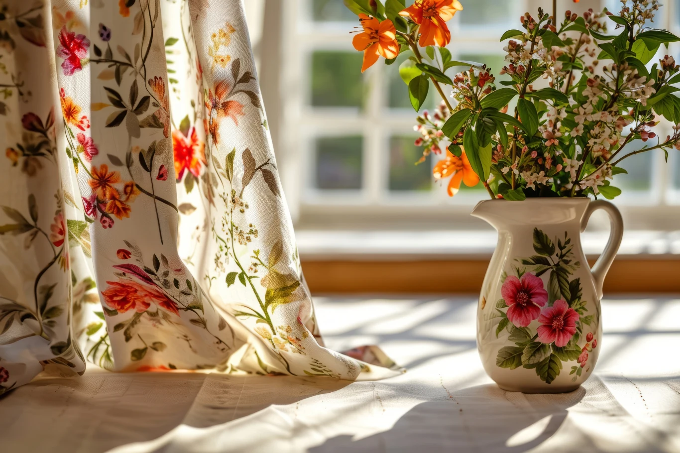 Kwiatowe wzory pięknie ocieplają nowoczesne wnętrze Dzbanek z kwiatami ustawiony na blacie w pobliżu okna, przez które wpada naturalne światło, a obok delikatnie opada zasłona z kwiecistym wzorem.