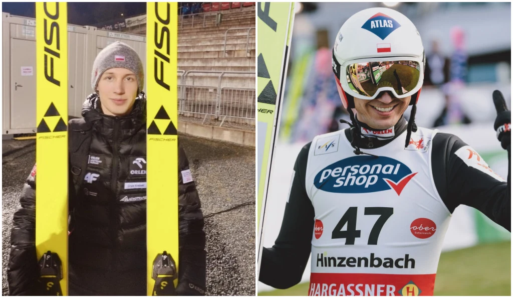 Kacper Tomasiak (po lewej) i Kamil Stoch Dwóch skoczków narciarskich w różnych sytuacjach, po lewej osoba w kurtce i czapce trzymająca narty, po prawej skoczek w kombinezonie startowym z numerem 47 i uniesioną ręką, obaj z widocznymi logotypami sponsorów.