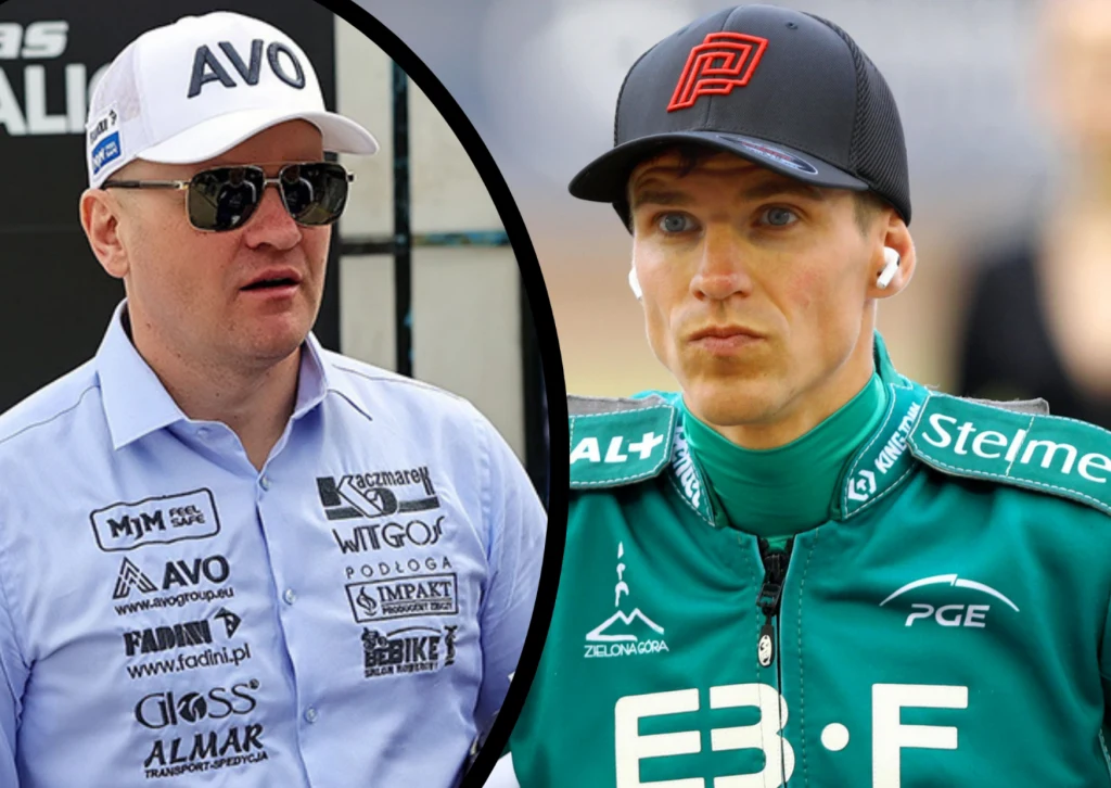 Falubaz dalej szuka trenera. Pojawiła się niespodziewana oferta dla Krzysztofa Kasprzaka Dwóch mężczyzn w sportowych strojach z licznymi logotypami sponsorów, jeden w białej koszuli i okularach przeciwsłonecznych, drugi w zielonej kurtce z czapką i słuchawkami w uszach, wyraźnie sportowy kontekst.