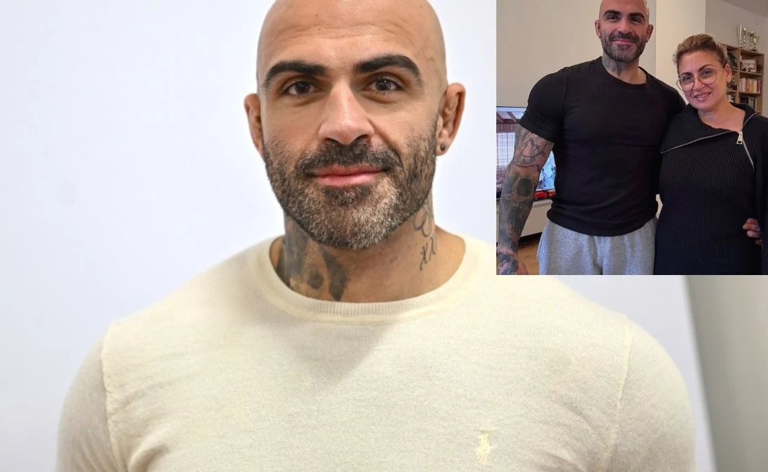 Akop Szostak, Karine Szostak Uśmiechnięty mężczyzna z ogoloną głową, brodą i widocznymi tatuażami na szyi i ramionach, ubrany w jasny sweter. W prawym górnym rogu mniejsza fotografia pokazuje tego samego mężczyznę w czarnej koszulce oraz kobietę z okularami i krótkimi włosami, obo...