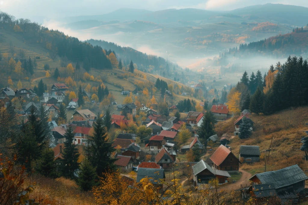 Malownicza wioska położona wśród wzgórz, otoczona lasami i jesiennymi kolorami, domy rozrzucone po zboczu góry, w oddali widoczne mgły unoszące się nad doliną.