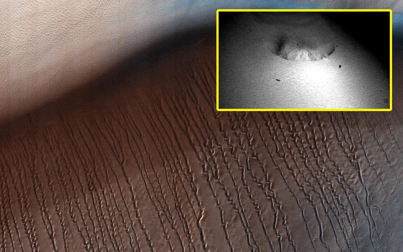 Skąd pochodzą dziwne żłobienia w piasku wydm na Marsie? Eksperyment w komorze pomógł znaleźć źródło Powierzchnia pokryta licznymi równoległymi liniami i śladami przypominającymi wydmy lub żebra terenu, w rogu widoczne powiększone zdjęcie krateru z otaczającymi go drobnymi szczegółami w skali czarno-białej.