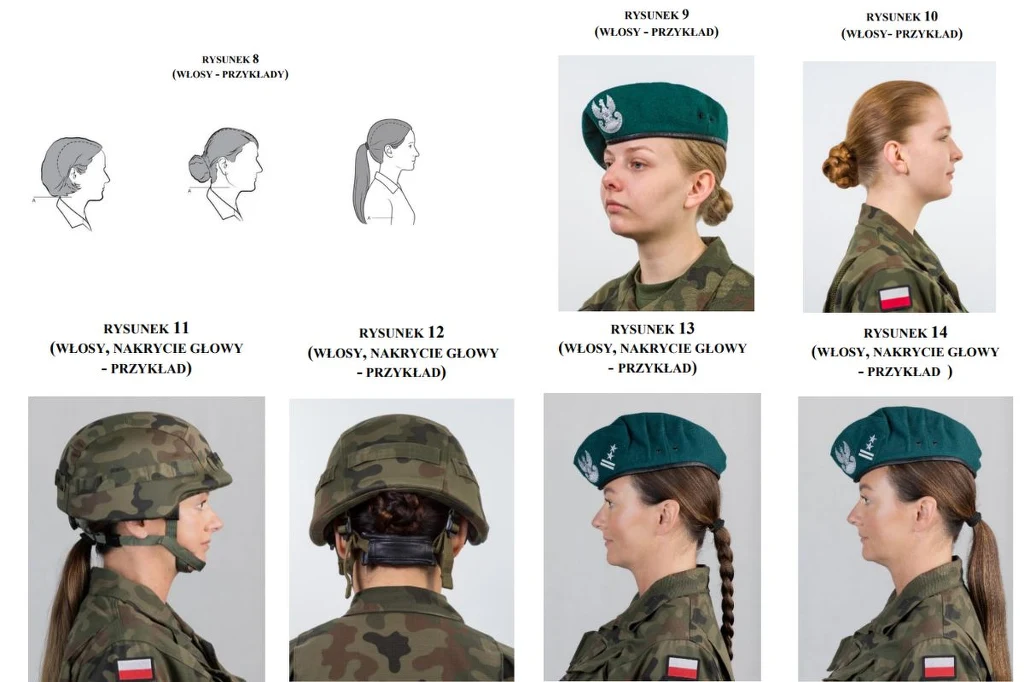 Fryzura nie może utrudniać noszenia nakrycia głowy i wykonywania zadań służbowych - wskazuje MON Instrukcja układania włosów i noszenia nakryć głowy przez kobiety w wojsku, pokazująca różne fryzury zgodne z wymaganiami służbowymi i zasady noszenia beretów oraz hełmów wojskowych, zarówno z przodu, jak i z tyłu.