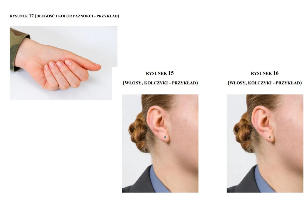 Nowe zasady ws. wyglądu dla kobiet w armii Lewy fragment obrazu ukazuje dłoń w stroju mundurowym z krótkimi, naturalnie wyglądającymi paznokciami, natomiast dwa prawe zdjęcia pokazują głowę i uszy kobiety z włosami upiętymi w schludny kok oraz delikatnymi kolczykami w uszach.