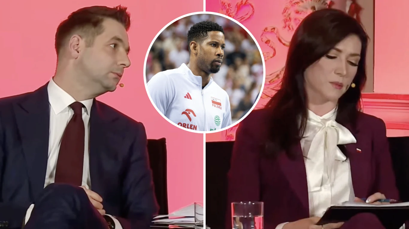 Polityk PiS Patryk Jaki swoim pytaniem o Wilfredo Leona i Donalda Tuska oburzył europosłankę Konfederacji Ewę Zajączkowską-Hernik Mężczyzna i kobieta w eleganckich strojach siedzą przy stole podczas oficjalnego wydarzenia, obok umieszczono w okręgu wizerunek sportowca w białym stroju.