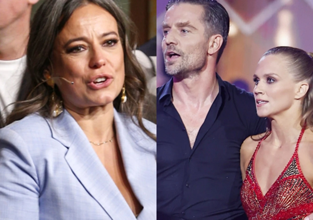 Anna Mucha, Marcin Rogacewicz i Agnieszka Kaczorowska Po lewej stronie kobieta w jasnoniebieskiej marynarce, rozmawiająca i gestykulująca. Po prawej kobieta w czerwonej cekinowej sukni oraz mężczyzna w czarnej koszuli, stoją blisko siebie, skupieni, możliwe że podczas występu lub programu telewizyjnego.