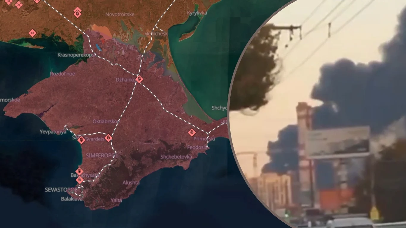 Wojna na Ukrainie. Atak dronów na Krymie, zdj. ilustracyjne Mapa Krymu z zaznaczonymi ważnymi lokalizacjami i trasami, obok widok na duży pożar skutkujący gęstym dymem unoszącym się nad zabudowaniami miejskimi.
