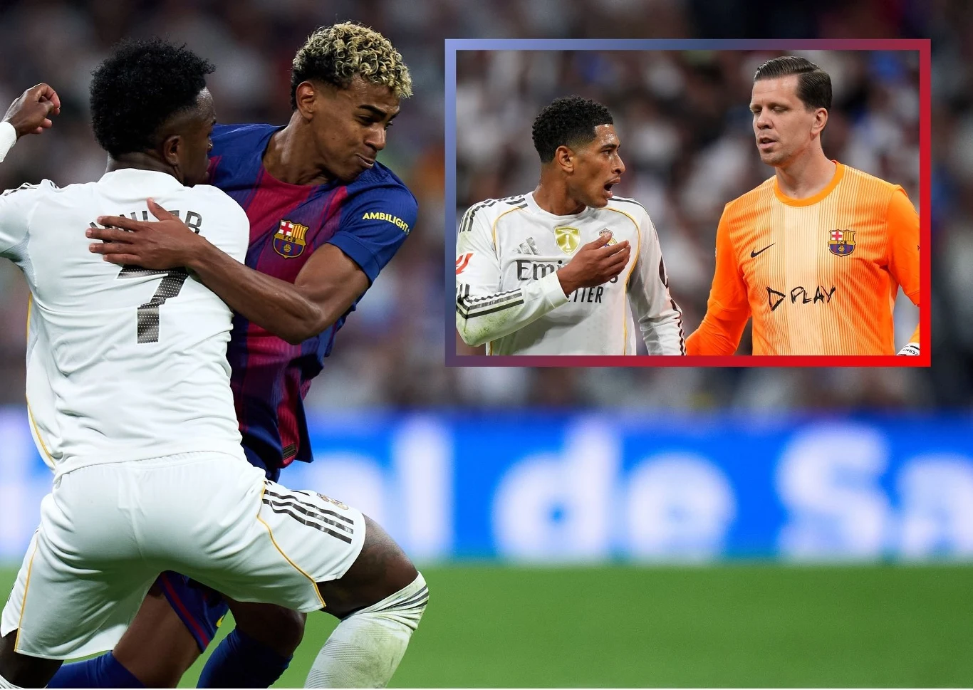 Real Madryt pokonał FC Barcelona w El Clasico Dwóch piłkarzy rywalizujących o piłkę na boisku podczas meczu, w tle widownia, a w ramce widoczny fragment rozmowy między bramkarzem a innym zawodnikiem.