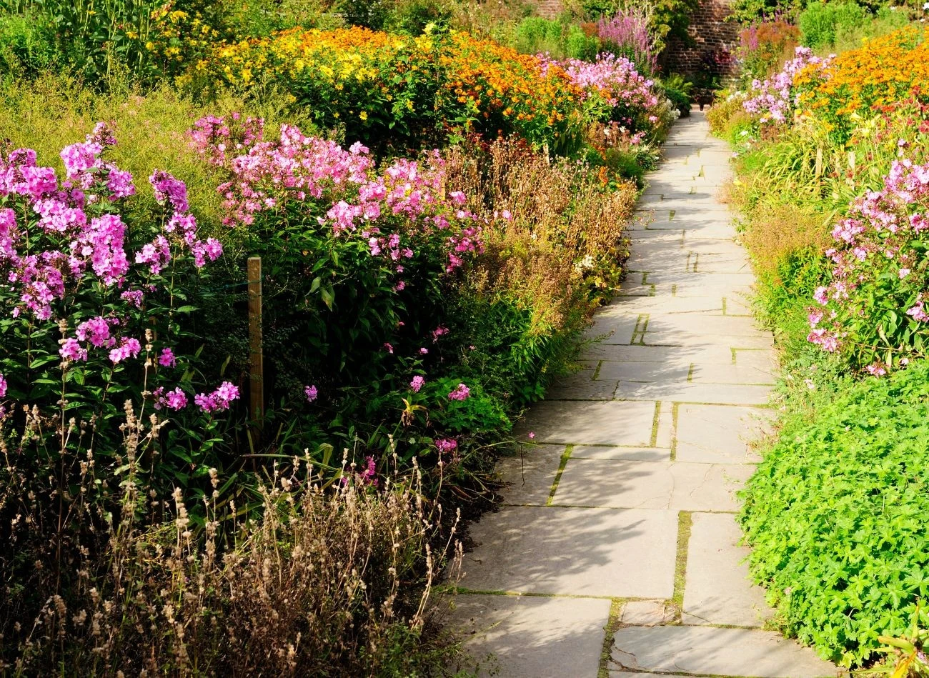 Stare płyty betonowe o nieregularnym kształcie tworzą ciekawą i niepowtarzalną ścieżkę w ogrodzie
