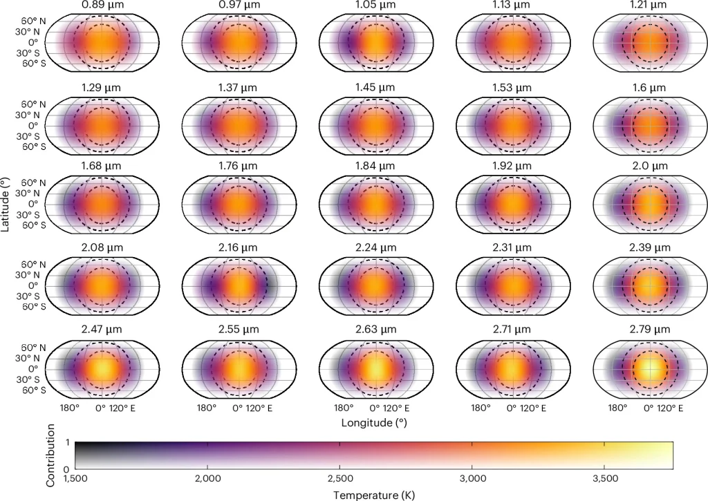 Mapy 2D wygenerowane metodą Eigenspectra dla 25 przedziałów spektroskopowych Mapa szeregów owalnych wykresów pokazujących rozkład temperatury na powierzchni ciała niebieskiego w różnych zakresach długości fali podczerwonej, z gradientem kolorów od fioletu do żółci ilustrującym zmienność temperatur w kelwinach.