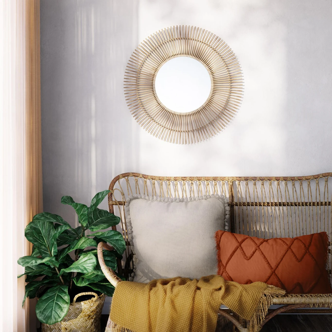 Przypominające słońce lustro w bambusowej ramie Bamboo o średnicy 55 cm to świetny element dekoracyjny